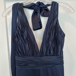 Ieena for Mac Duggal Navy Ruched Halter Top Wide Leg Satin Jumpsuit NWT, Sz 4